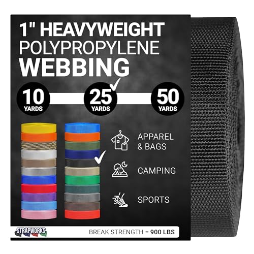 Strapworks Heavyweight Polypropylene Webbing - Heavy Duty Poly Strapping for Outdoor DIY Gear Repair, 1 Inch x 25 Yards - Black
