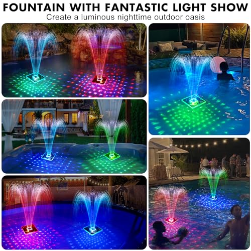 LanBlu Fuente Solar con Espectáculo de Luces, 24 * 24CM Fuente Flotante para Piscina con Ancla, 7 Modo de Iluminación Fuente Solar Jardin Exterior, Flotante Fuente Solar para Estanque Piscina Jardin