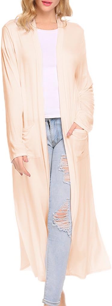 Locryz Women's Long Open Front Maxi Duster Long Sleeve Lightweight Cardigans