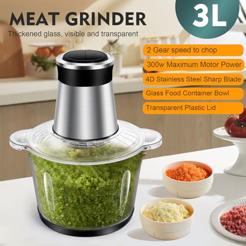 SKY-TOUCH Food Chopper & Mincer,300W Glass Grinder Chopper,2 Speed,4 Detachable Stainless Steel Blade,for Precision, Ice Crushing, Mincing，Anti Slip Ring