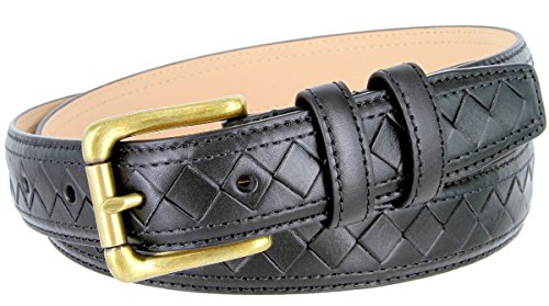 Brass Buckle Diamond Pattern Genuine Leather Dress Belt 1 1/8