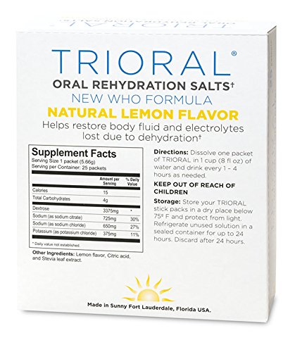 TRIORAL NATURAL LEMON W/ STEVIA ORAL REHYDRATION SALTS (WORLD HEALTH ORGANIZATION NEW FORMULA FOR FOOD POISONING, HANGOVER PREVENTION AND RELIEF, DEHYDRATION FROM DIARRHEA (25 PACKETS/BOX)