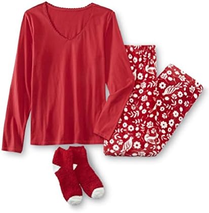 Womens Laura Scott Pajama Set-- Knit Top, Fleece Bottoms, Socks Size Small (Red Top/Red w/ White Flowers Bottoms)