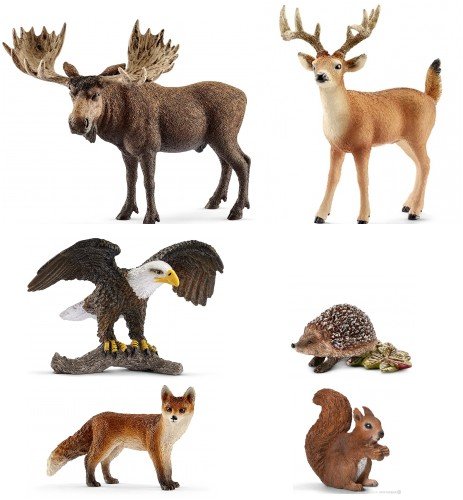 Schleich Realitic Forest Set of Six 6 Wild Animals Including Moose, Fox, Eagle, Deer, Hedgehog and Squirrel in Bag Together with Tissue Paper and Bow.