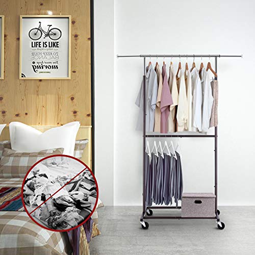 Simple Trending Double Rod Clothing Garment Rack, Rolling Clothes