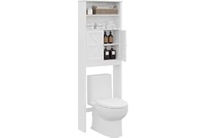 Reettic Tall Over The Toilet Storage with Two Doors, Floor Bathroom Space Saver with Inner Adjustable Shelf, Wooden Bathroom Cabinet Organizer Over Toilet, White BMGZ151W