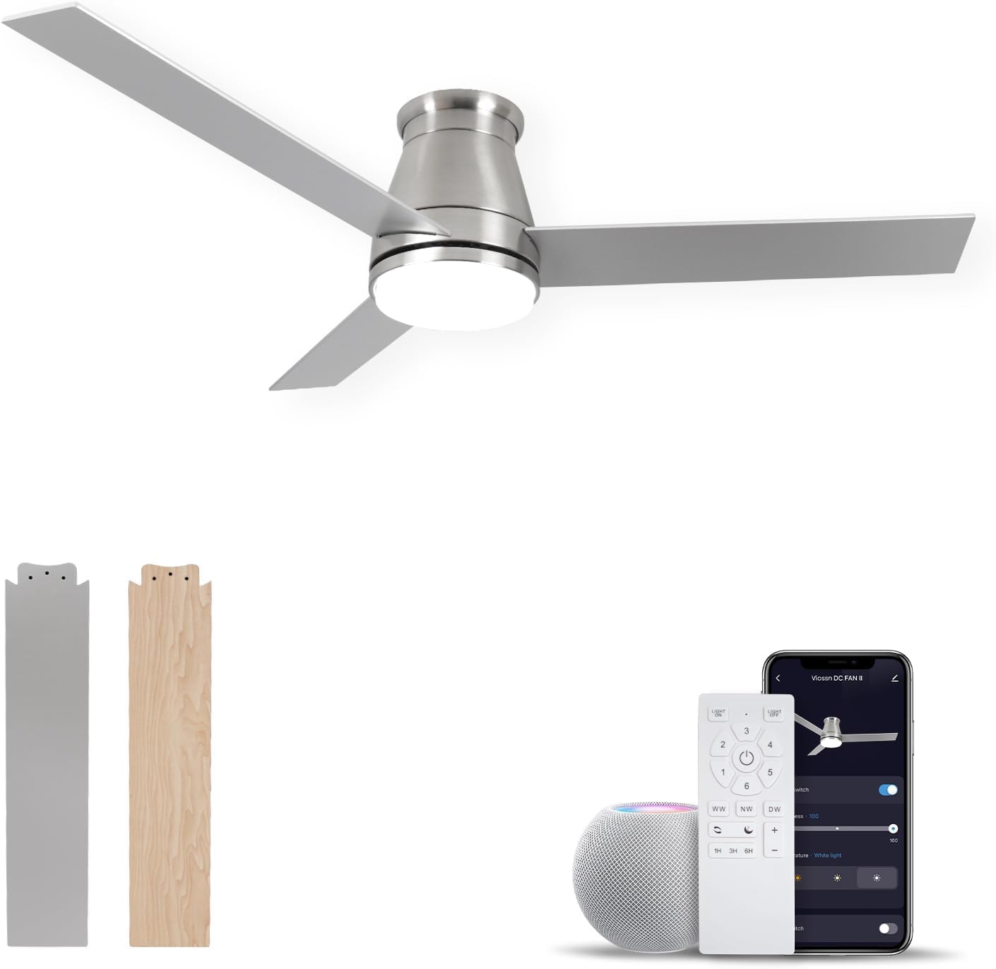 Photo 1 of ***FOR PARTS ONLY / NON-FUNCTIONAL*** VIOSSN Ceiling Fans with Lights, 52 inch Black Ceiling Fan with Light and Remote Control, Reversible, 3CCT, Dimmable, Noiseless, Small Ceiling Fan for Bedroom,Kidsroom,Indoor/Outdoor (Nickel, 52 Inch)