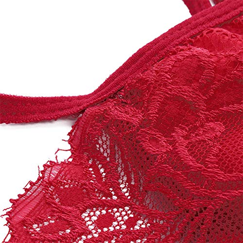 CofeeMO Women's Sexy Lace Lingerie,Plus Size Pyjamas,Thong Underwear,Two-Pieces Nightwear Set(Red，XXXL) - Thumbnail 6