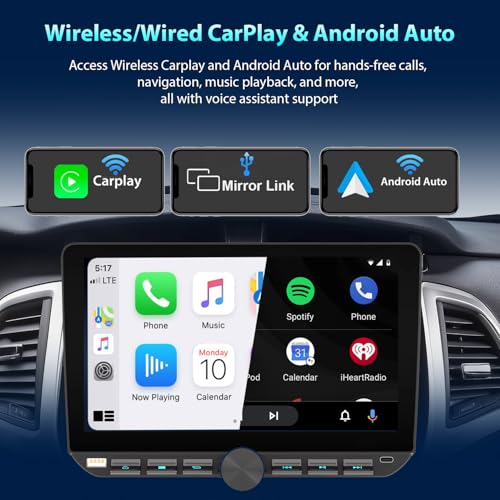 Alondy 1 DIN Car Radio with Rotating Touch Screen (10.1 Inches) Compatible with [Wireless] Apple CarPlay/Android Auto Bluetooth Rear View Camera AM/FM RDS Radio USB-C