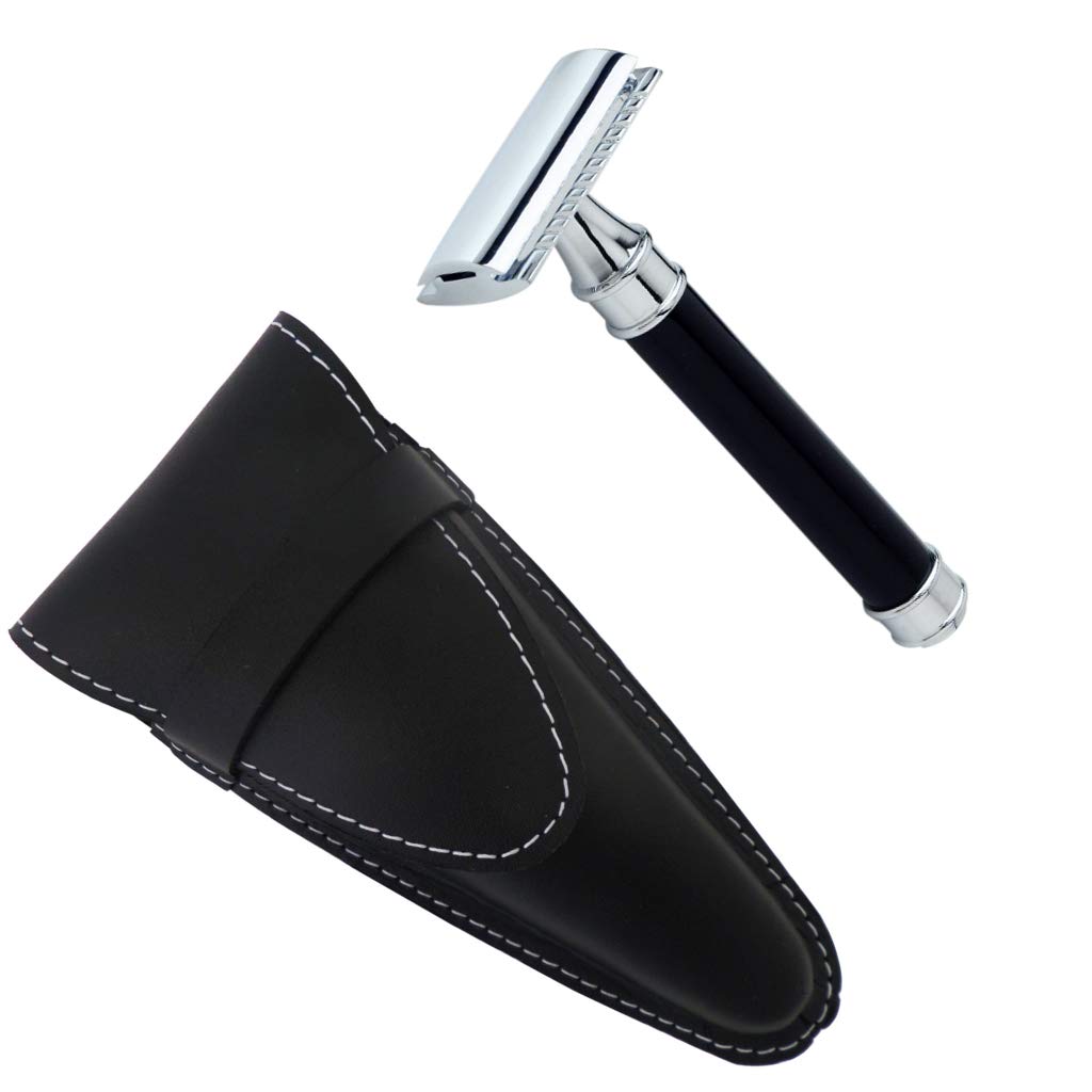 Closed Comb Safety Razor, Chrome-Plated with Black Handle in Leather Case - Castiles Original