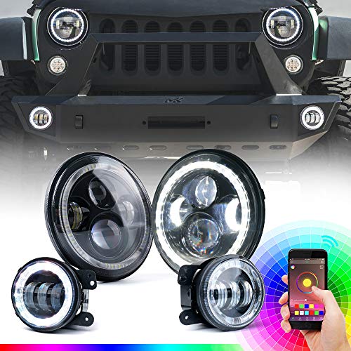 Xprite 7″ Inch RGB Halo LED Headlights & 4″ Fog Lights Led Combo Headlamp Assembly Bluetooth Controlled RGB Light Kits for 2007-2018 Jeep Wrangler JK JKU