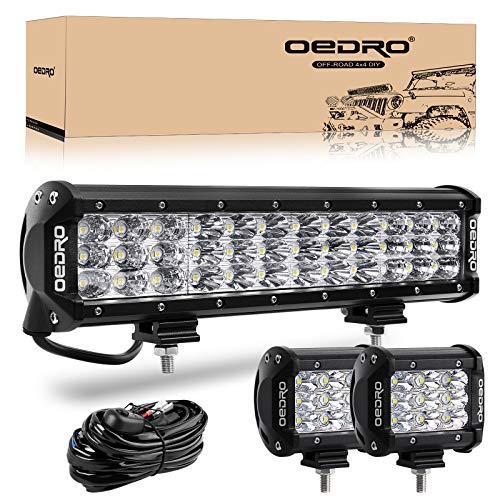LED Light Bar 180W 12In Tri-Row OEDRO LED Light Pod Spot Flood Combo Light+2pcs 4In 27W Pod+Wiring Harness for Off Road Lights Led Fog Light Truck Light Boat Lighting for Truck Pickup Jeep SUV ATV UTV