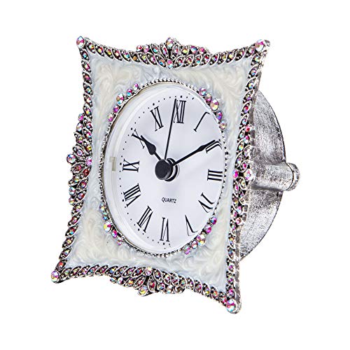 NIKKY HOME Crystal Elegant Small Quartz Analog Table Clock with Rosy Rhinestone Non-Alarm Desk Clock 3.5 by 1.5 by 3.5 Inches, White and Pink