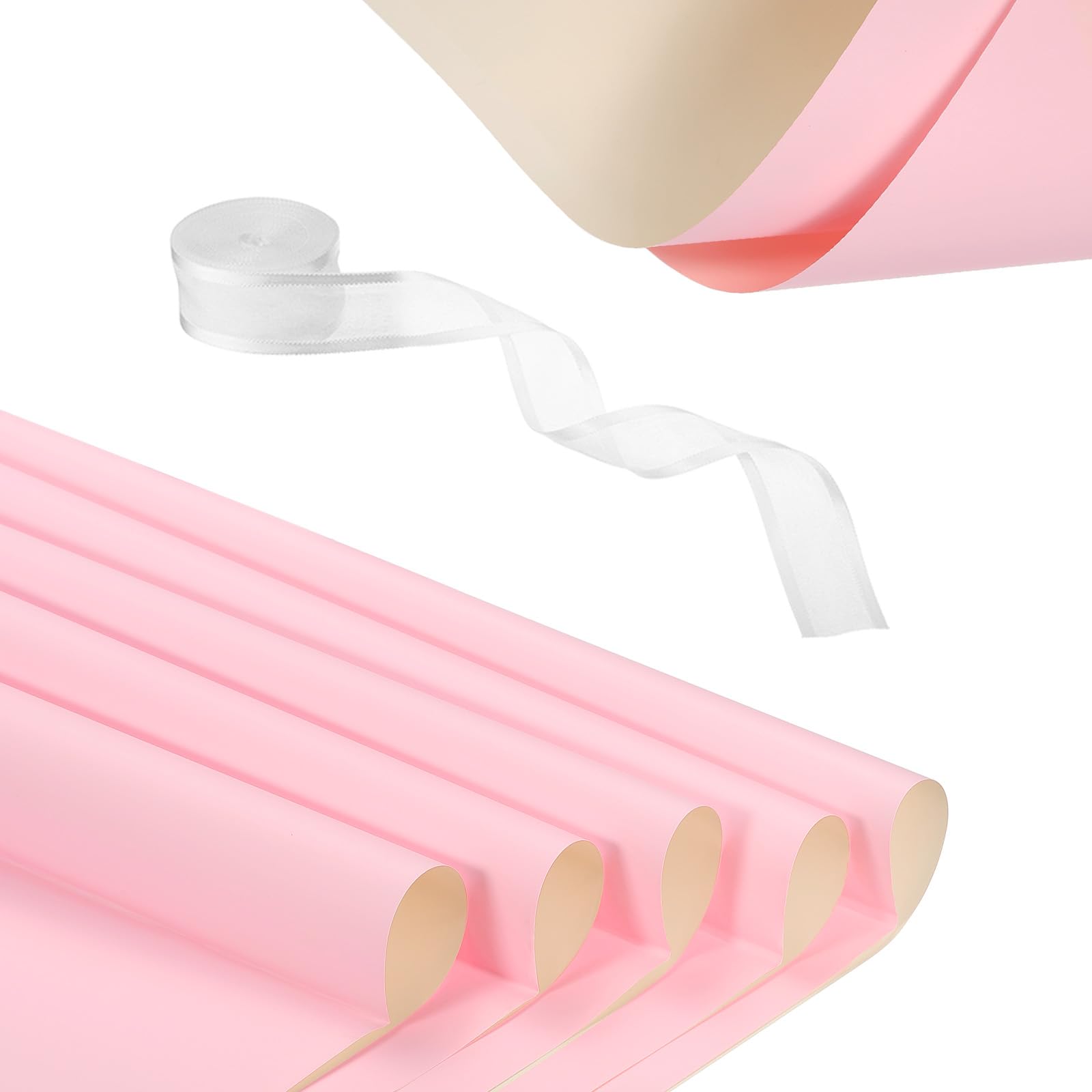 PATIKIL 20 Sheets Flower Wrapping Paper, Waterproof Flower Paper Wraps with Ribbon Floral Bouquet Supplies for DIY Crafts Packaging Bouquet, 22.8x22.8 Inch, Light Pink/Beige