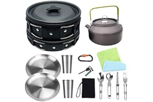 Bisgear Camping Cookware Kettle Mess Kit - Camping Cooking Set Stainless Steel 18/8 Plates Cups with Lids &Sleeves Cutlery - Camping Pots and Pans Set - Backpacking Gear Camp Accessories Equipment