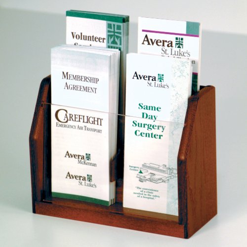 DMD Countertop Brochure Display, 4 Pocket Literature Rack with Mahogany Oak Finish