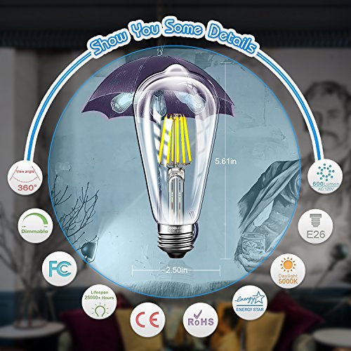 LED Edison Light Bulbs 60W Equivalent Halogen Replacement Dimmable E26 Base Vintage Filament Pendant Light Bulbs 5000K Daylight White 6W Antique Commercial Island Light Bulbs 600lm 6 Pack by COOWOO - Thumbnail 2