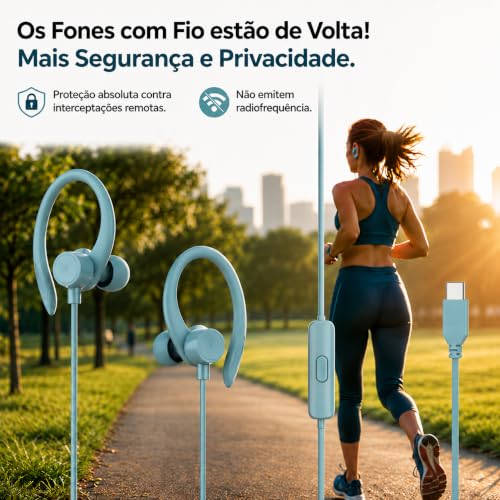 Fone de Ouvido Esportivo com Fio USB Tipo C. Intra-Auricular com Gancho de Silicone e Microfone Integrado – Ideal para Corrida, Academia e Caminhadas. (Preto, USB-C)