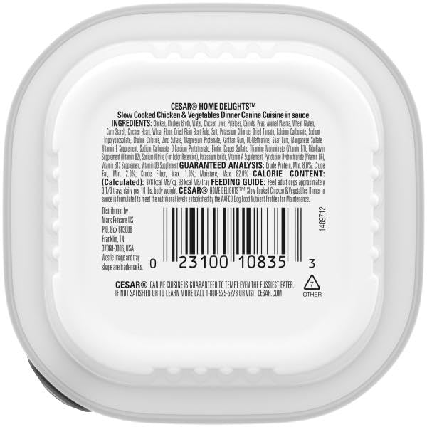 CESAR HOME DELIGHTS ADULT WET DOG FOOD, SLOW COOKED CHICKEN & VEGETABLES DINNER IN SAUCE 3.5 OZ. EASY PEEL DOG FOOD TRAY
