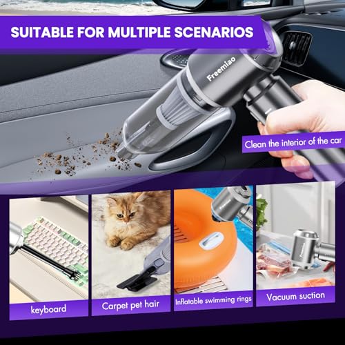 Freemiao Cordless Car Vacuum Cleaner 5-in-1 Handheld Mini Computer Vacuums 23000Pa Powerful Suction/Blowing/Inflation/Dust Removal HEPA Filter Rechargable Portable for Car, Pet Hair, Keyboard, Home