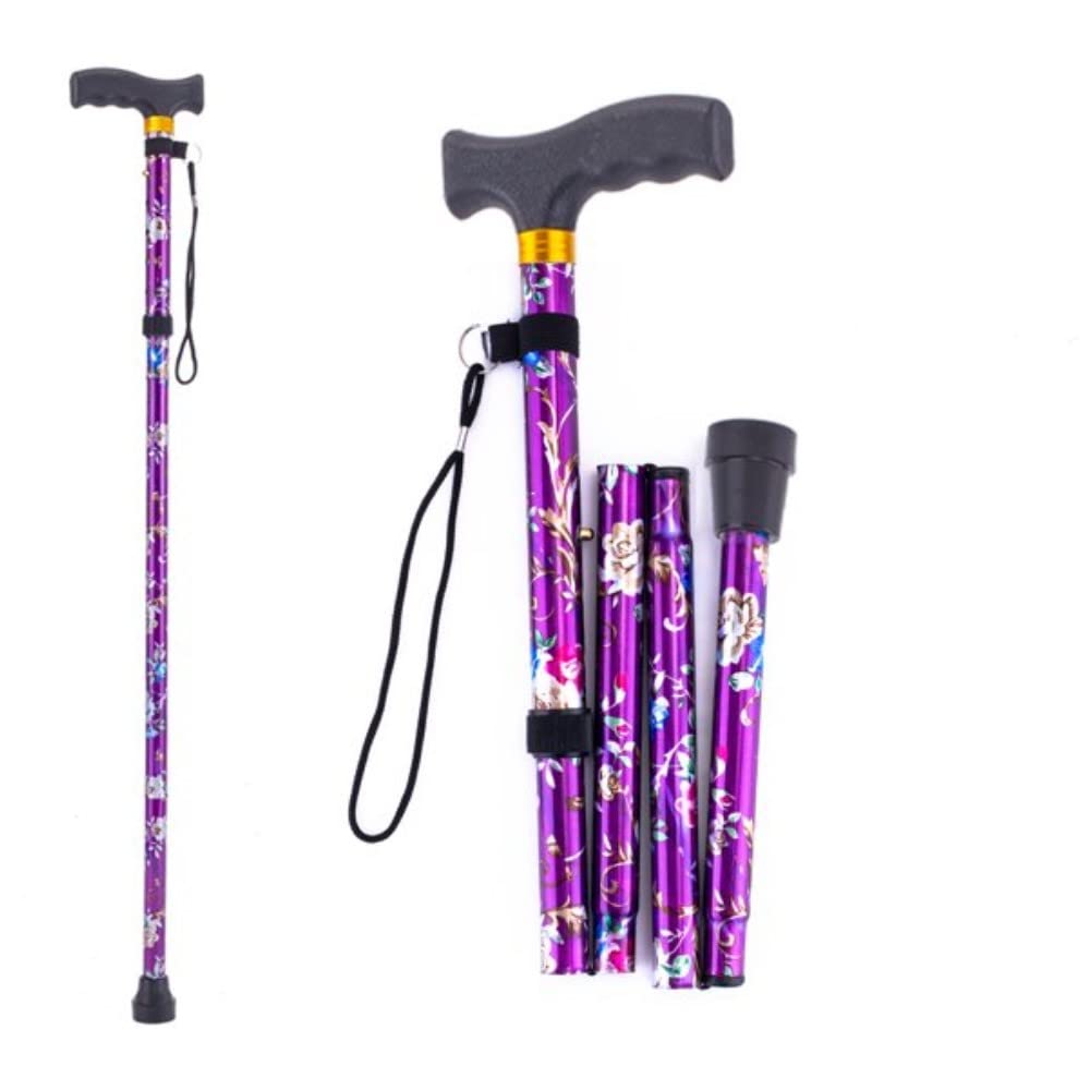 WARESHARK Walking Stick, Easy Adjustable Height Folding Extendable Walking Cane, Lightweight Flexible and Durable Walking Aid Mobility Aid Collapsible Walking Stick (Purple with Flowers)