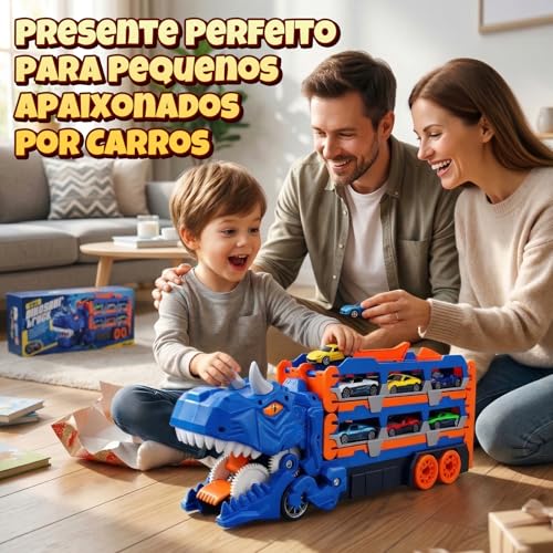 Caminhão Dinossauro 3 em 1 com Pista Dupla Dinossauro Brinquedo que Engole Carrinhos e Vira Pista de Corrida, Acompanha 4 Carrinhos de Metal, Ideal para Aniversário, Natal e Dia das Crianças