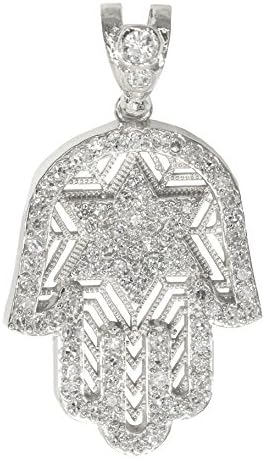 IcedJewels 4.09 cttw Round CZ 14K White Gold Hamsa Khamsa Hand of Miriam Star of David Philosophical Hand Jewish Micro Pave Religious Large Pendant