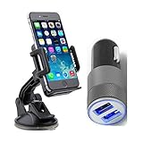 Ixir Cellphone Car Mount Holder Stand Bracket on Windshield Dashboard + Dual USB Car Charger [Universal 360 Degree]