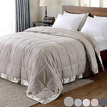 downluxe Lightweight Queen Down Alternative Blanket with Satin Trim, Sand