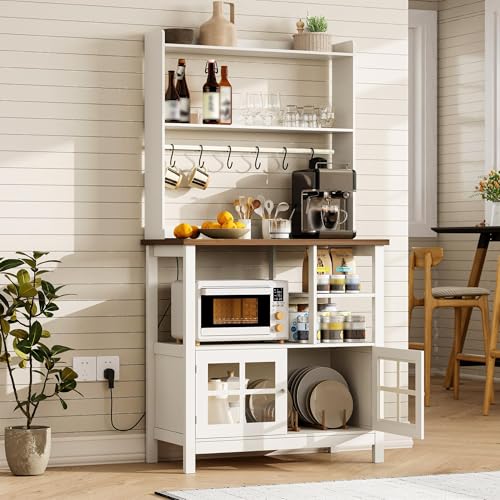 ChooChoo Kitchen Bakers Rack, Utility Storage Shelf, Soft White & Brown