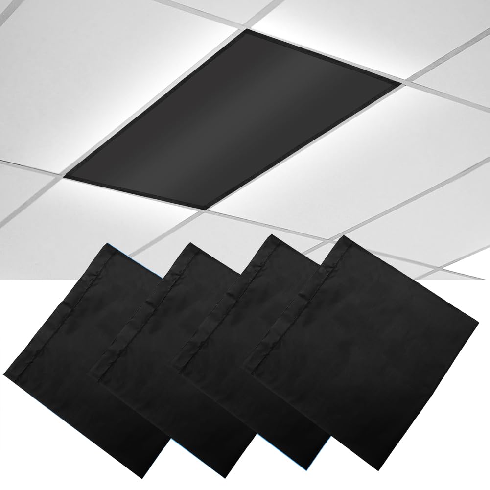 Photo 1 of Fluorescent Light Covers, 4 x 2 Feet Magnetic Light Covers for Ceiling Lights Shade Panel, Drop Ceiling Light Filters Covers for Office Classroom School Home, Polyester Fabric Material, Black