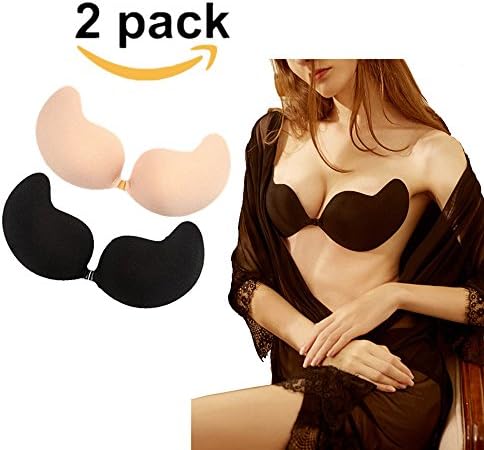 GAINFREE Women's Sexy Sticky Bra Self-Adhesive Drawstring Stick on Gel Push up Lift D Invisible Backless Bikini Bra Silicone Plus Size Black Nude
