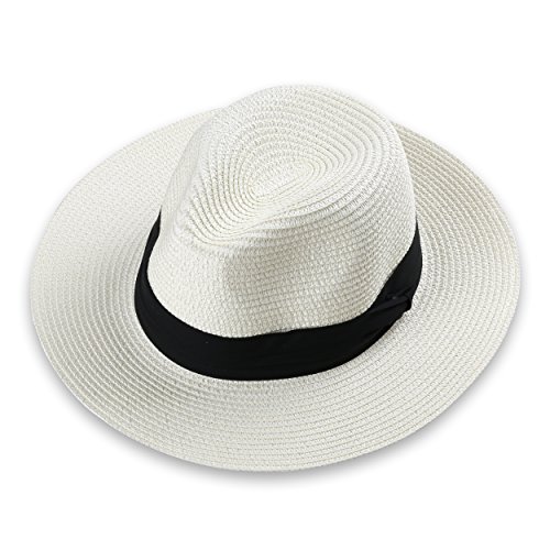 Aerusi Women's Floppy Straw Braided Wide Brim Fedora Summer Beach Sun Hat with Black Band