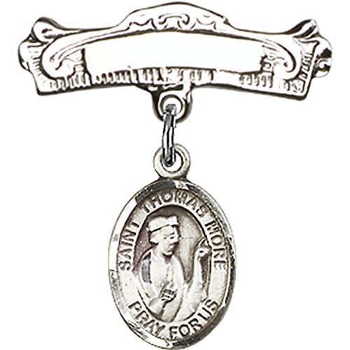 Sterling Silver Baby Badge with St. Thomas More Charm and Arched Polished Badge Pin 7/8 X 7/8 inches