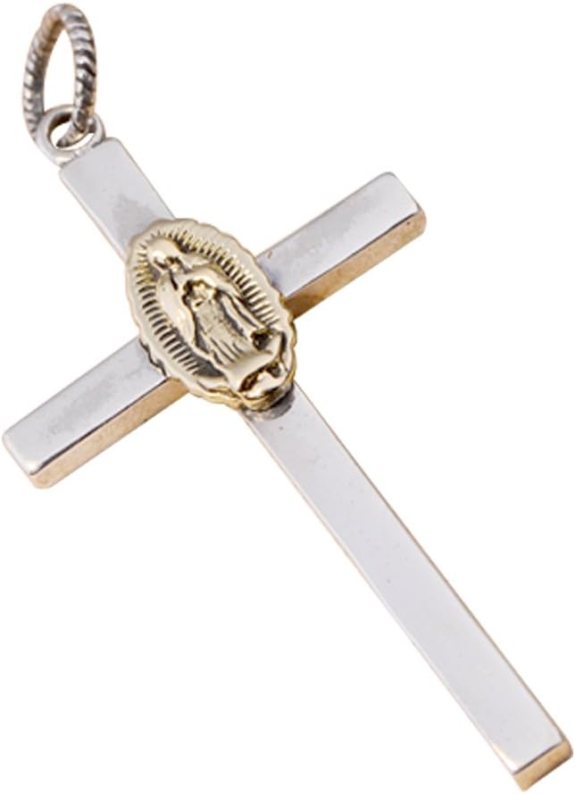 ForFoxTwo Tone 925 Sterling Silver Cross Pendant with Virgin Mary for Men Women