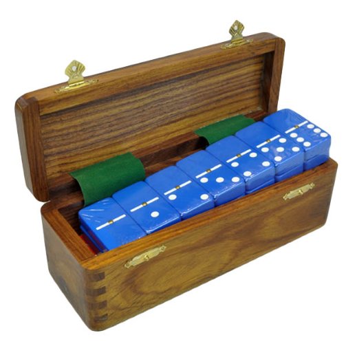 Marion Domino Double Six Blue in Dovetail Jointed Sheesham Wood Box - Jumbo Tournament Size with Spinners