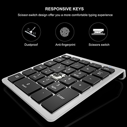 Wireless Number Pad, Vive Comb 28-Key External Numeric Keypad Slim Numpad Full Size with Shortcuts for Laptop, Desktop, PC, Notebook-Black and Silver