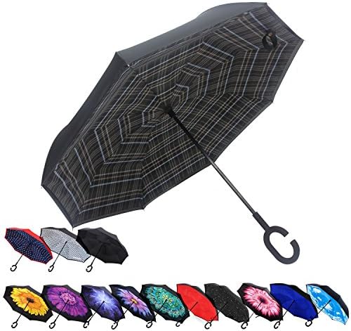 Zameka Double Layer Inverted Umbrellas Reverse Folding Umbrella Windproof UV Protection Big Straight Umbrella Inside Out Upside Down Car Rain Outdoor C-Shaped Handle