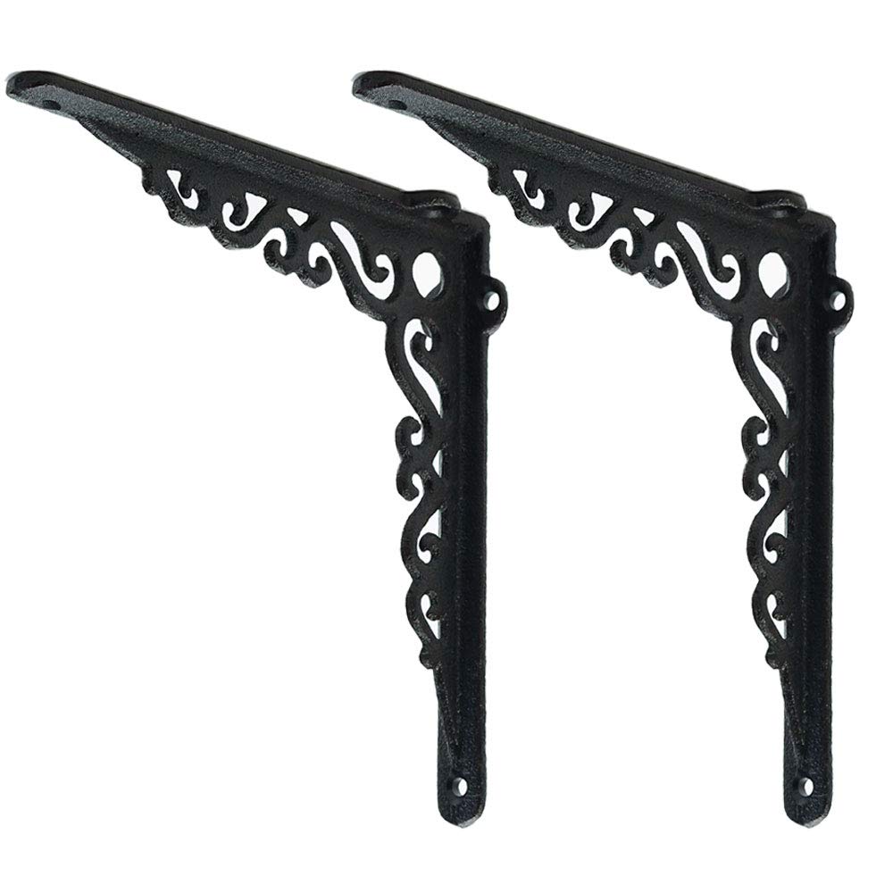 Sungmor Cast Iron Heavy Duty Shelf Brackets - Rustproof Sturdy 90° Right Angle Wall Hanging Support Board Hangers - 2PC Black & 18.5CM/7.3Inch - Elegant & Decorative Corner Brace Joint Angle Bracket