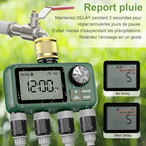 4 Way Water Timer with Brass Inlet, Large LCD Display, Automatic Watering for Garden, Programmable Irrigation, Simple Use, Rain Delay Manual Watering for Lawn