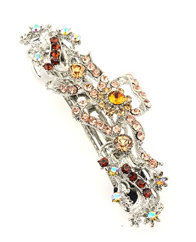 Women's Rhinestone Metal Hair Barrette Clip Hair Pin Antique Silver IMB2149, Brown