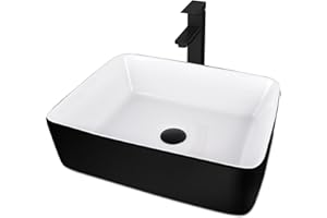 SOLIDEE Ceramic Bathroom Sink, Black and White 19" x 15" Above Counter Porcelain Vessel Sink with Black Faucet and Pop up drain Set, Rectangle