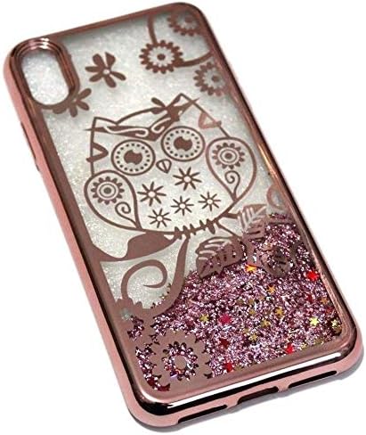 for iPhone Xs MAX (6.5") - Hybrid Glitter Liquid Waterfall Quicksand Skin Case Cover (Rose Gold Owl)