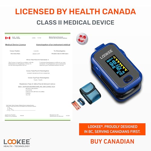 LOOKEE A310 Premium Pulse Oximeter Finger Heart Rate Oxygen Monitor | Proudly Canadian | SpO2 Blood Oxygen Level | Medical Accuracy, Alarm & PI | OLED Display | Carry Case & Batteries | Blue