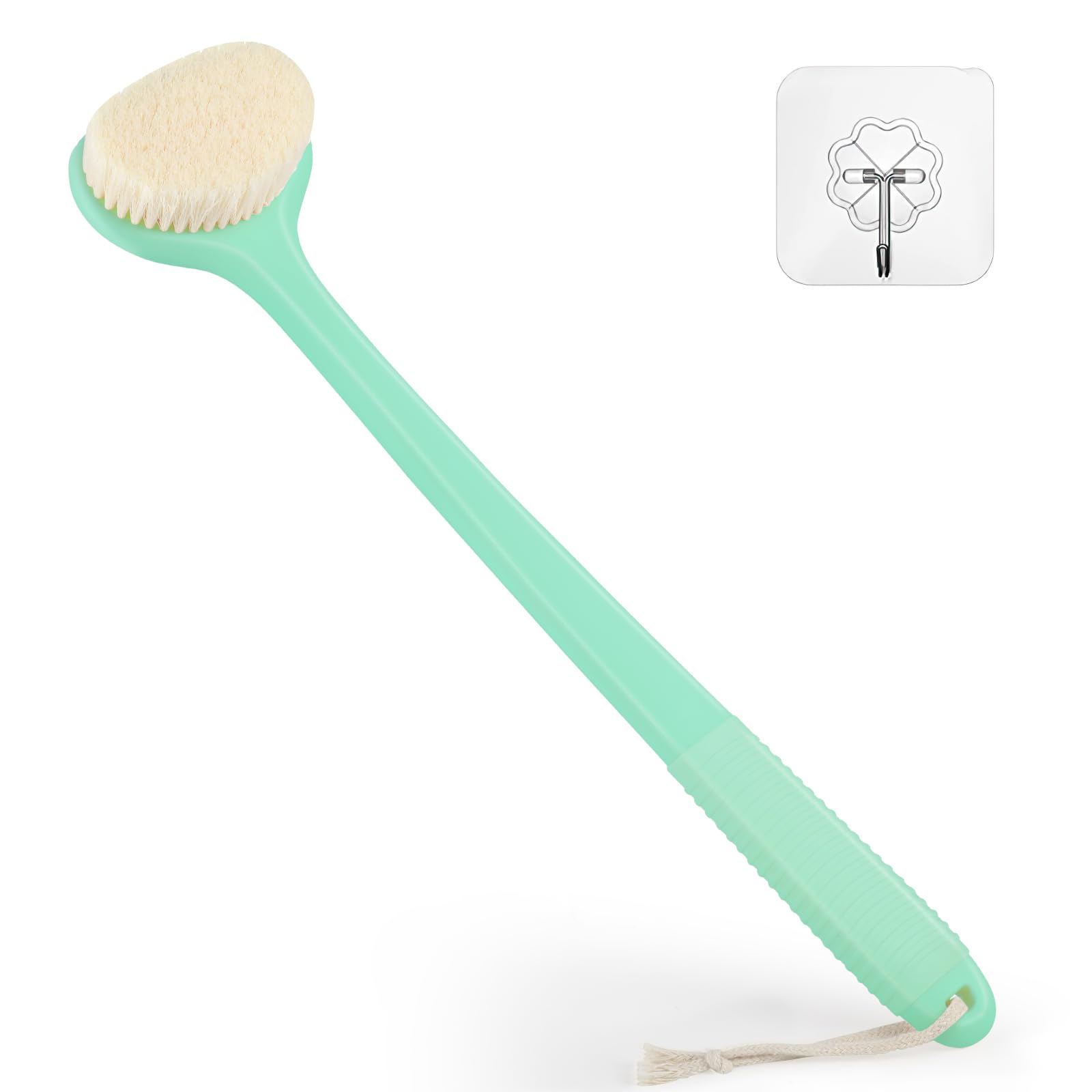 VANZAVANZU Back Scrubber for Shower, Bath Brush with 17-Inch Long Anti-Slip Handle, Wet and Dry Brushing Body Brush for Body Cleansing, Back Brush for Men and Women, Celadon Green