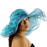Summer Ruffle Floral Kentucky Derby 7" Wide Brim Layer Floppy Floral Hat Blue