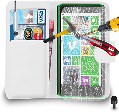 Premium Leather WHITE Wallet Flip Case FOR Nokia Lumia 625 Case Cover with Tempered Glass Mini Touch Stylus Pen Screen Protector &amp; Polishing Cloth Black Cap, (WHITE)