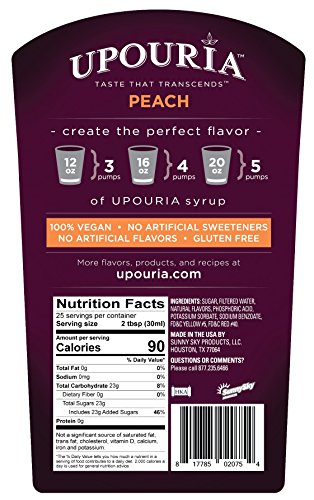 Upouria Peach Flavored Syrup, 100% Vegan and Gluten-Free, 750 ml bottle - Pump Included