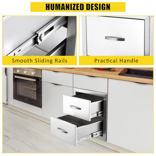 Garvee Stainless Steel Outdoor Kitchen Drawers, Flush Mount Built-in BBQ Drawer with Ventilation Panel - Weatherproof Drawer for Grill Island, Patio Cabinet Storage, 2-Drawer, 14"W×15"H