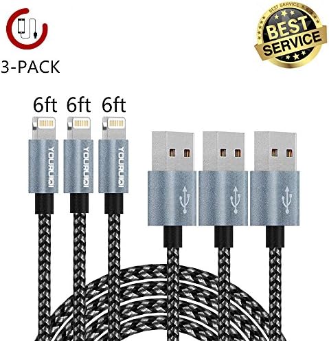 iPhone Charger,Youruiqi Lightning Cable,3 Pack/2Pack Nylon Braided Lightning to High Speed Charging USB Cable Cord for iPhone 7/7 Plus/6/6s/6 Plus/6s Plus/5/5s/5c/SE and More (3PCS Black&amp;Gray)